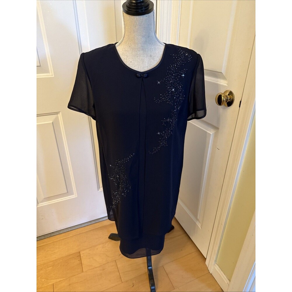 BEADED PETITE Navy Blue short sleeved knee length sheath dress Studio 1 Size 8P